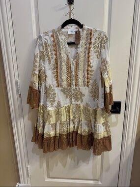 Love Me White & Brown Embroidered Tiered Mini Dress